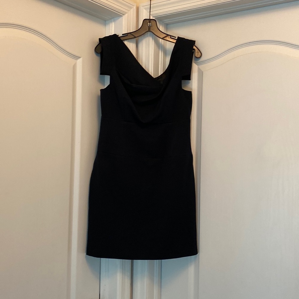 Dark navy cocktail dress with asymmetrical neck